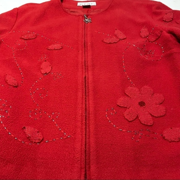 Vintage Red Floral Felted Appliqué Blazer Jacket  Sz 12 Beaded - Picture 5 of 13